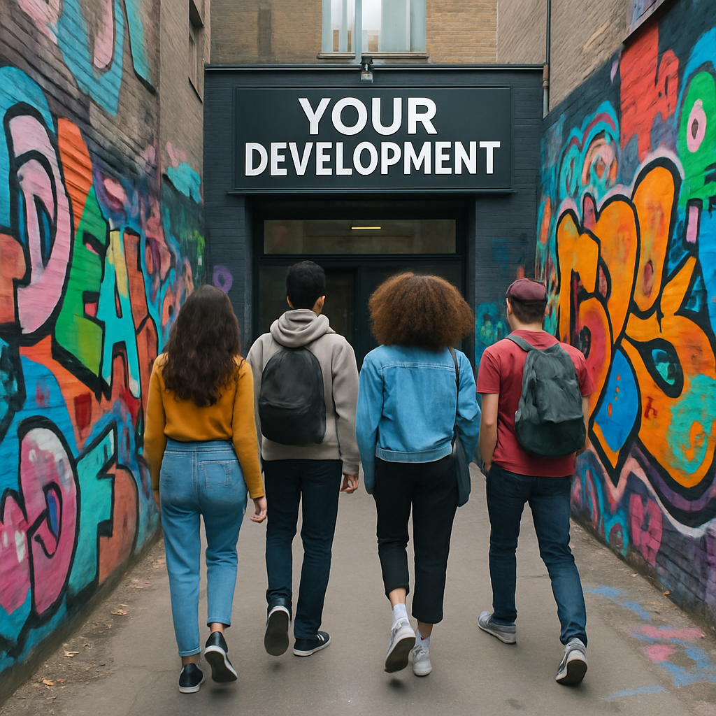 an urban environment within a city with modern graffiti on the walls the image has young people walking towards a building which states your developme